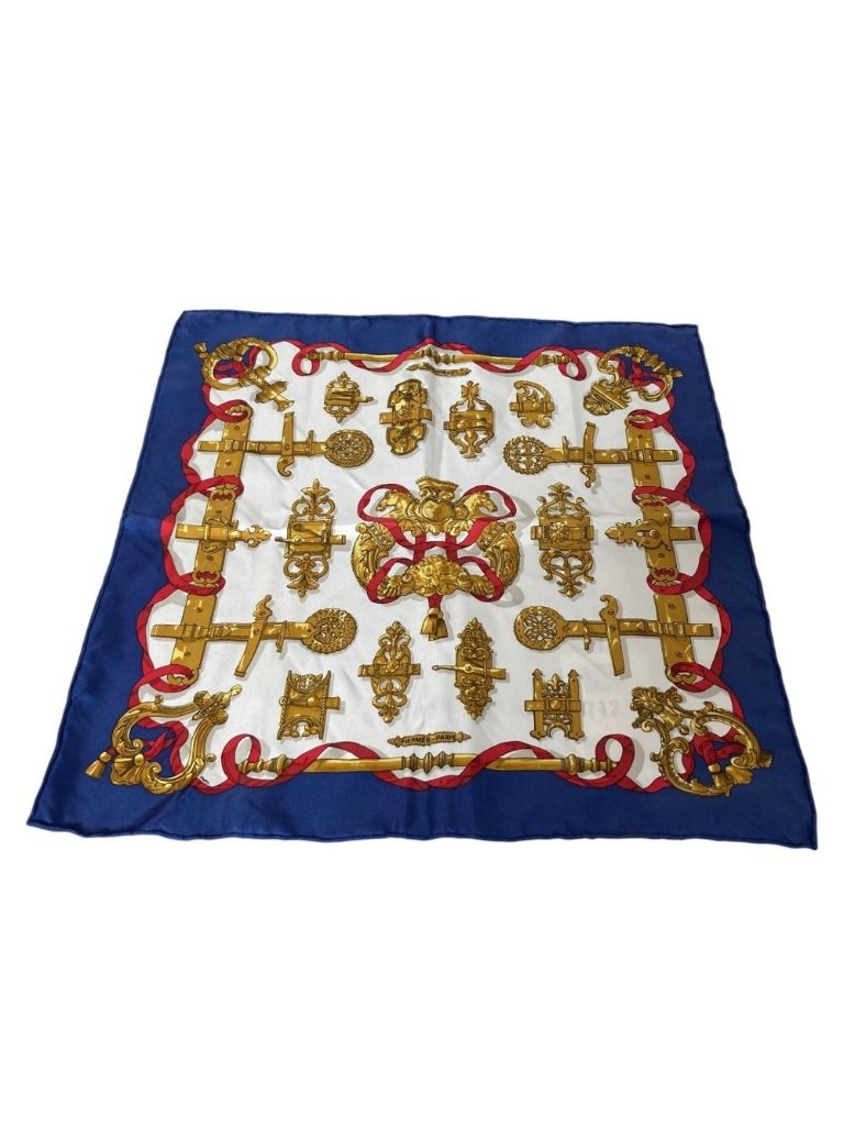 Hermes Carre 45 Ferronnerie Ironwork Silk Scarf Blue White